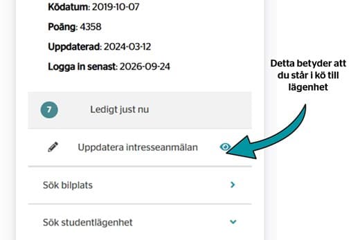 Skärmdump som visar köpoäng samt lediga lägenheter och bilplatser på Vätterhems Mina sidor