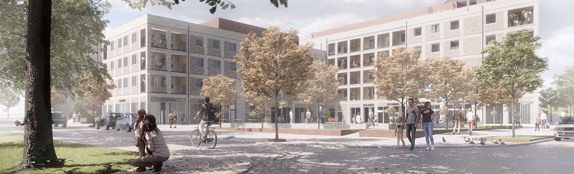 Illustration över Strandängstorget med människor i rörelse